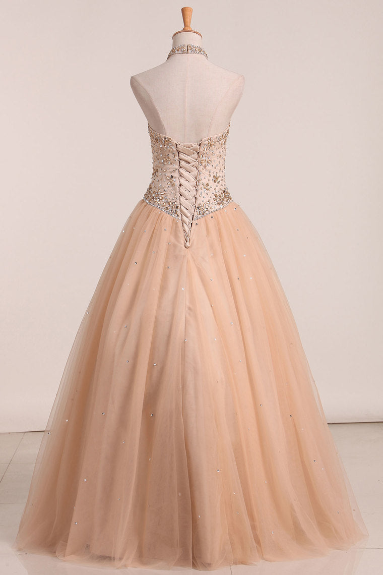 2024 New Arrival Halter Quinceanera Dresses A Line Tulle With Beading