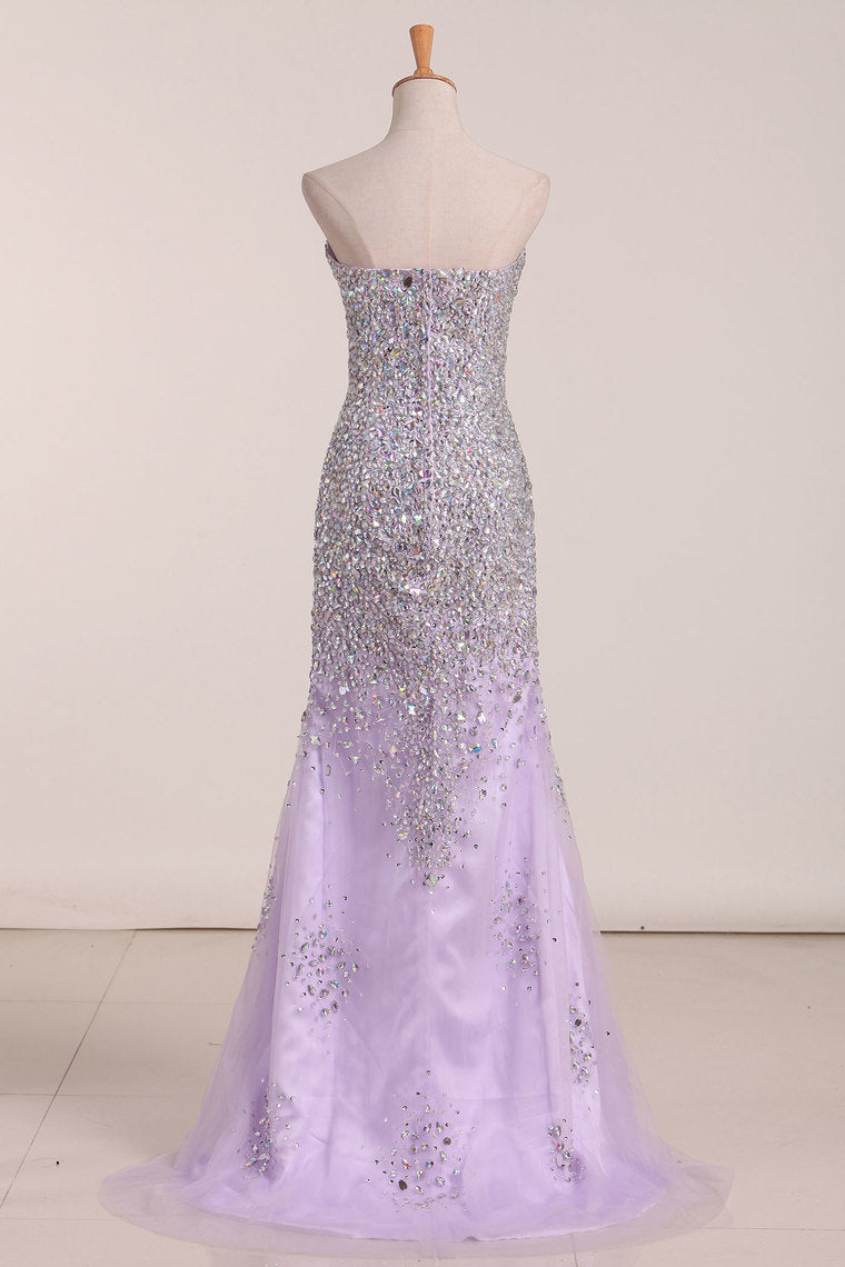 2024 Sweetheart Beaded Bodice With High Slit Tulle Prom Dress