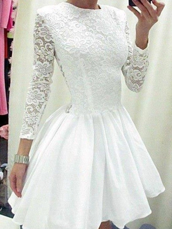 A-Line/Princess Long Sleeves Scoop Short/Mini Dresses Kara Lace Homecoming Dresses Chiffon